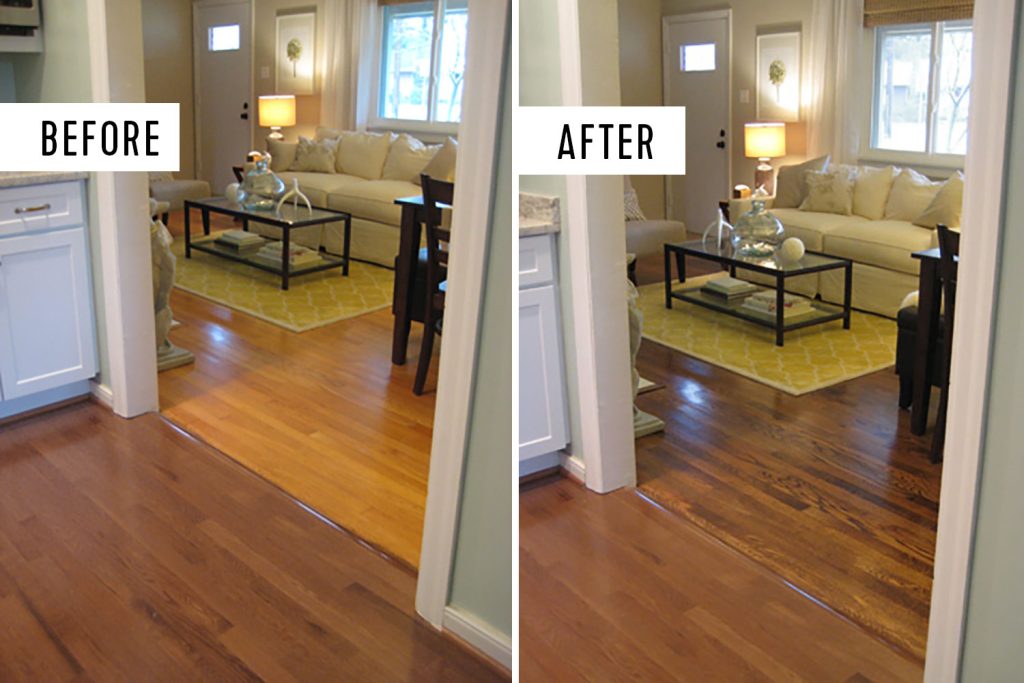 Side By Side Before And After Of Refinished Hardwood Floors Color Matching