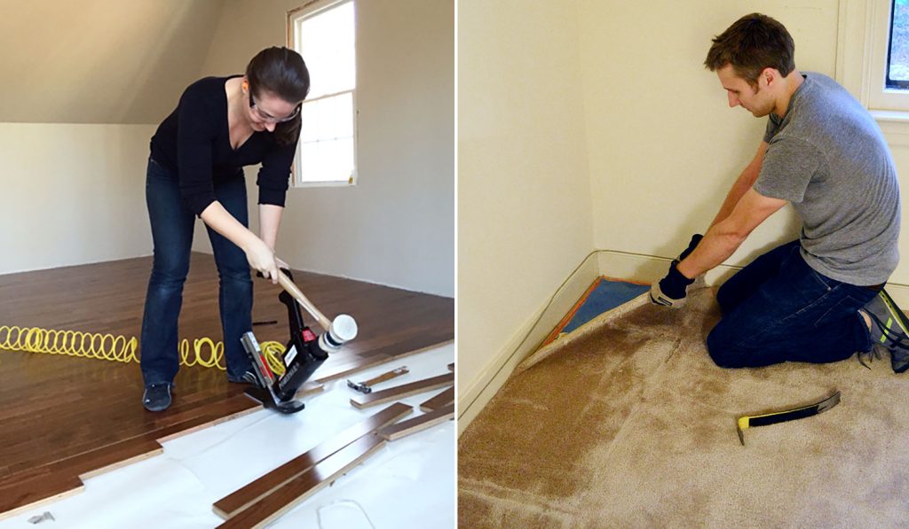 Sherry and John Doing Flooring Projects Side By Side