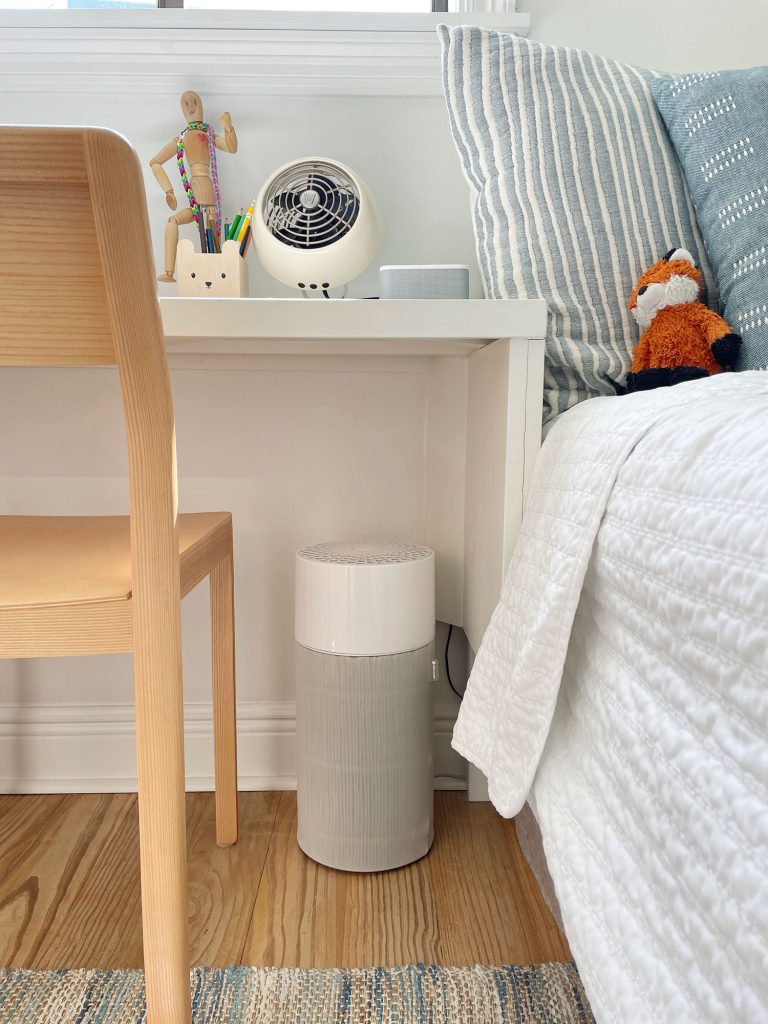 Blueair 411 Air Purifier Under Boy's Built-in Desk